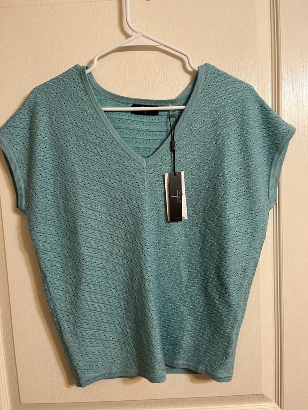 Tahari Seafoam Eyelet V‑Neck Short Sleeve Tunic